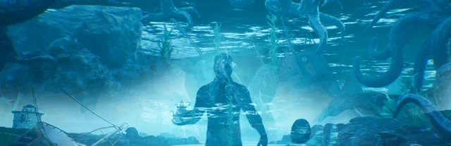 The Shore key art: a man stands underwater among rocks and a sunken boat as huge tentacles reach down from above