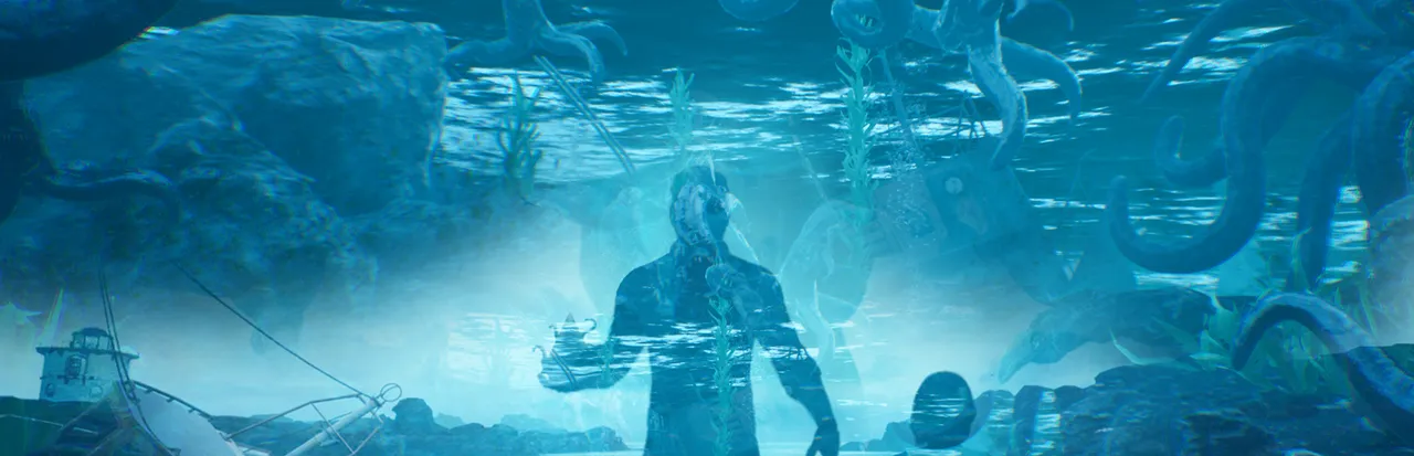 The Shore key art: a man stands underwater among rocks and a sunken boat as huge tentacles reach down from above