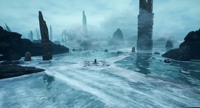 The Shore screenshot: tall rune-carved monoliths stand in pale, foaming water around a stone circle under a misty sky
