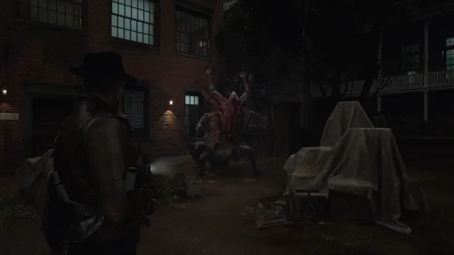 Calvin aims a flashlight and gun at a fleshy many-armed creature in a dark brick courtyard