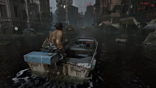 Calvin Rafferty steers a small motorboat down a flooded Arkham street lined with ruined shopfronts