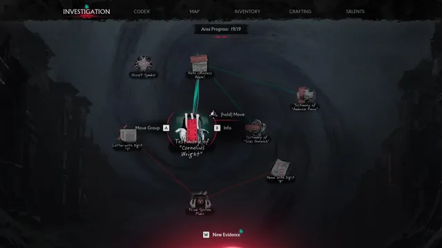 The investigation board, linking testimonies, letters and an occult symbol around a central clue