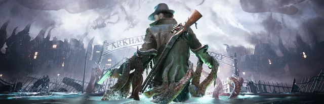 The Sinking City 2 key art: a man in a fedora with a shotgun on his back stands waist-deep in floodwater under an Arkham cemetery arch, wrapped by rising tentacles