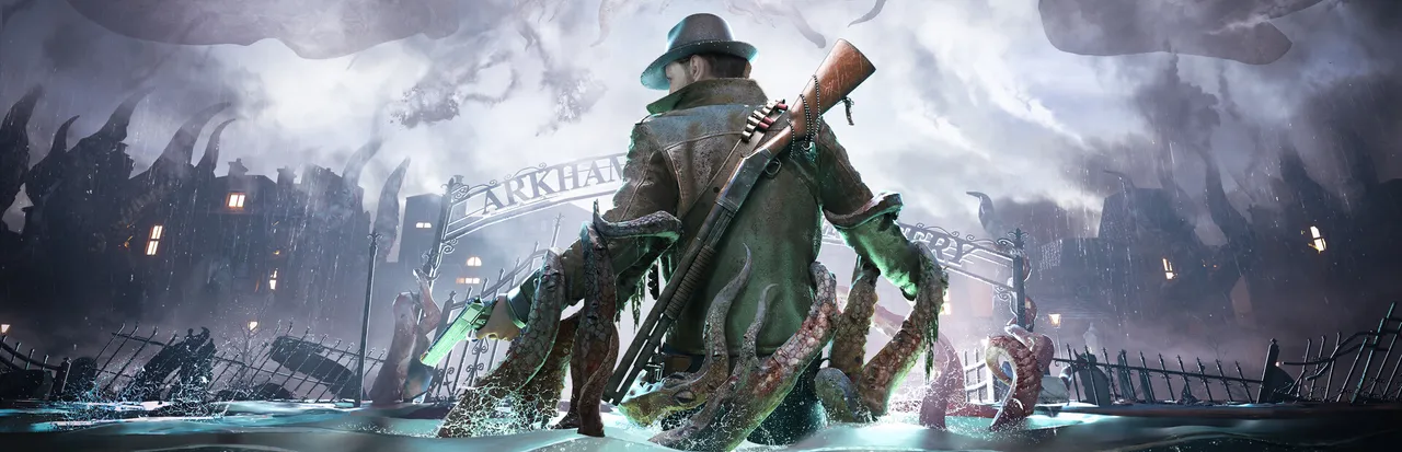 The Sinking City 2 key art: a man in a fedora with a shotgun on his back stands waist-deep in floodwater under an Arkham cemetery arch, wrapped by rising tentacles