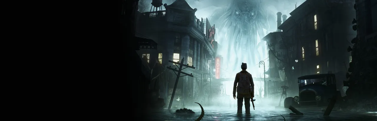 The Sinking City Remastered key art: a detective with a gun wades a flooded street as a vast tentacled shape looms in the mist