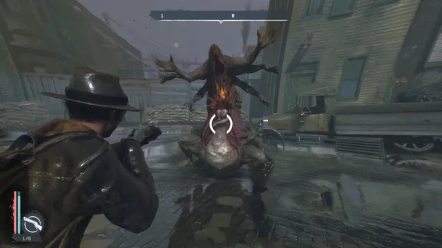 The Sinking City Remastered screenshot: the detective aims a revolver at a tall, many-limbed creature in a muddy street