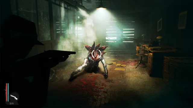 The Sinking City Remastered screenshot: a shotgun aimed at a crawling, flower-headed monster in a dim office