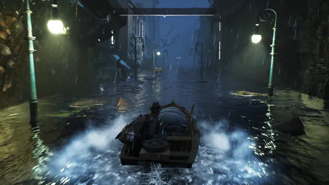 The Sinking City Remastered screenshot: the detective steers a small motorboat down a flooded, lamp-lit street at night