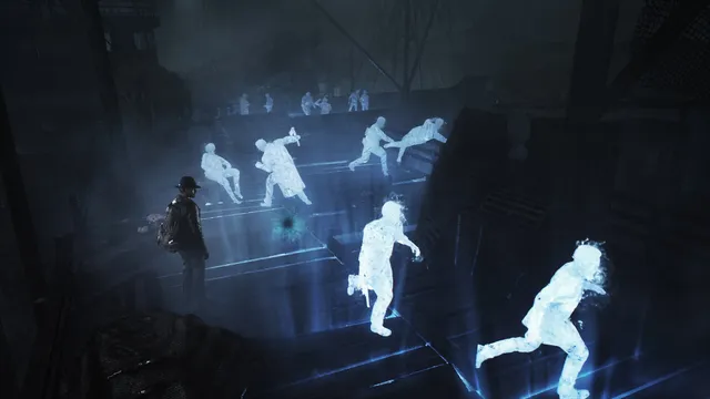 The Sinking City Remastered screenshot: ghostly white figures replay a past event around the detective in a dark warehouse