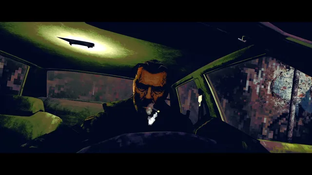 The Skin Stapler screenshot: the detective smoking in his car under a dim interior light