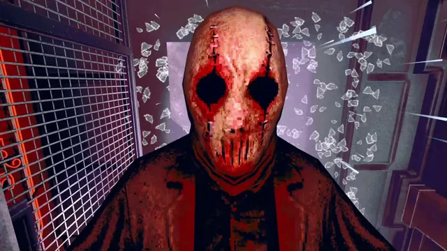 The Skin Stapler screenshot: the killer in a stitched red skin mask bursting through glass