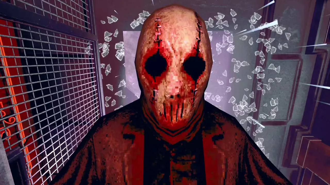 The Skin Stapler screenshot: the killer in a stitched red skin mask bursting through glass