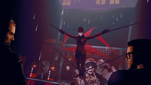 The Skin Stapler screenshot: a body strung up with wires in the rain at a crime scene, two detectives looking on