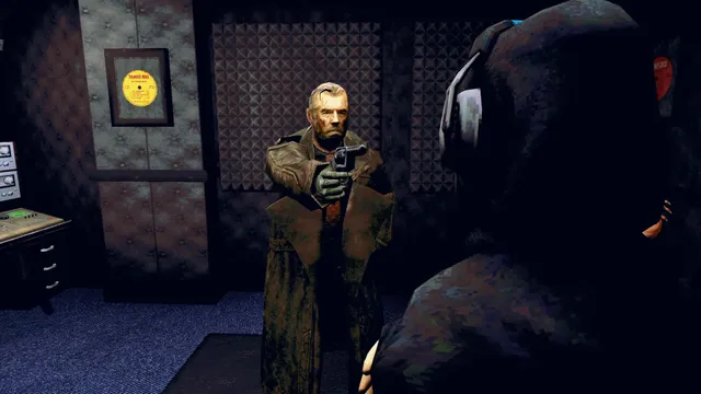 The Skin Stapler screenshot: the detective aiming a pistol across an office at a hooded figure