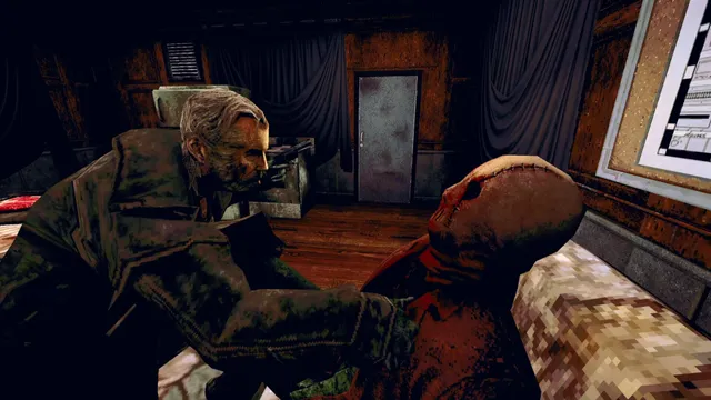 The Skin Stapler screenshot: the detective examining a hooded body on a bed in a dim room