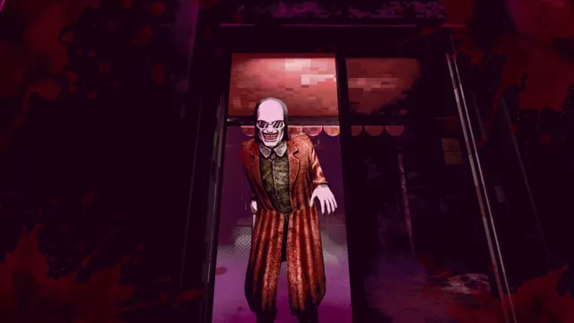 The Skin Stapler screenshot: a grinning bald man in a striped coat standing in a blood-smeared doorway