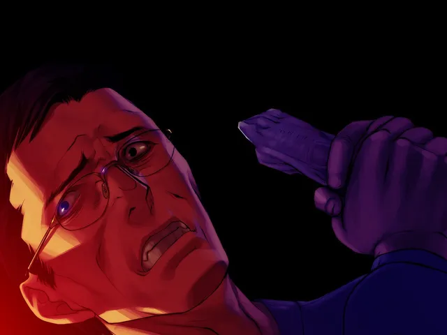 A frightened man in glasses raises a knife, lit in red and purple