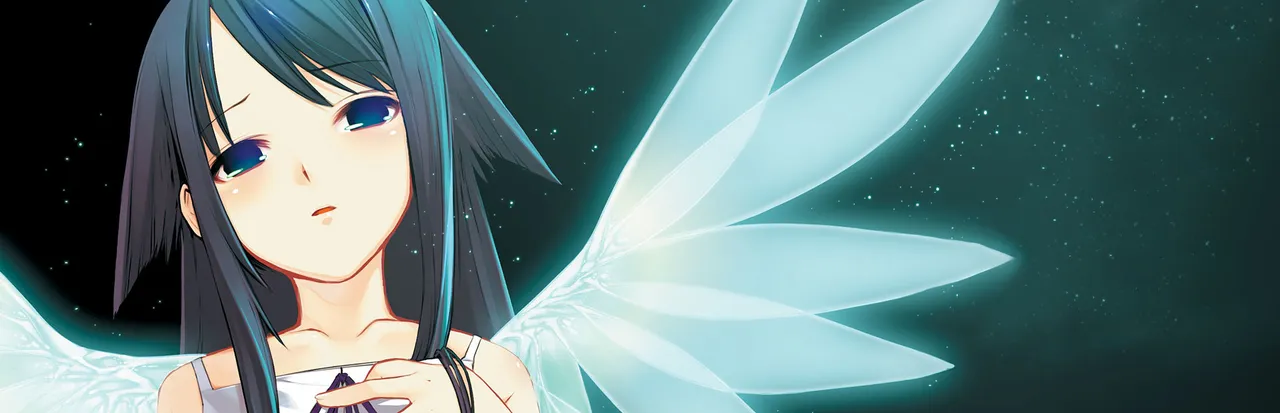 The Song of Saya key art: Saya, a girl with long dark green hair in a white dress, with pale glowing wings against a starry sky