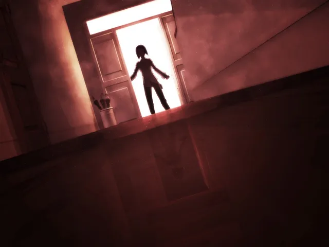 A small silhouette stands in a bright doorway at the end of a dark, tilted hallway
