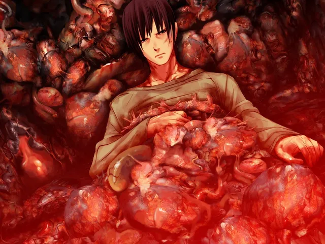 Fuminori lies half buried in a mass of red, pulsing organs