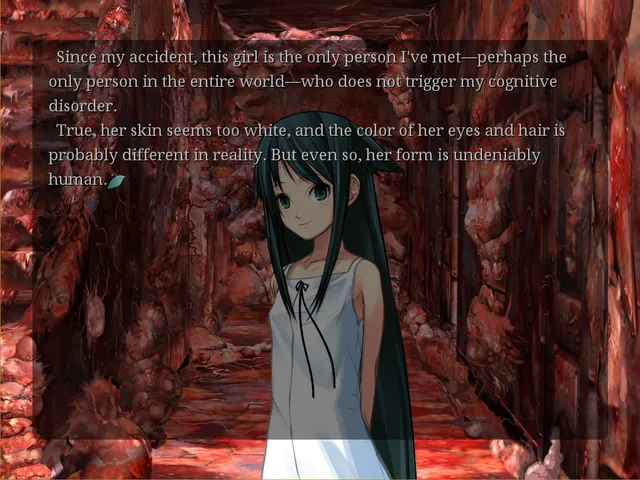 Saya stands in a corridor whose walls and floor look like red flesh, under narration about Fuminori's cognitive disorder