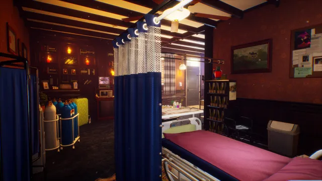The Sorrowvirus screenshot: a home hospital room with a bed, curtains, oxygen tanks and a wheelchair
