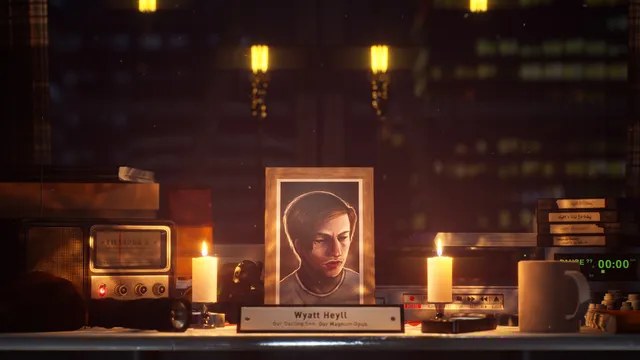 The Sorrowvirus screenshot: a framed portrait of Wyatt Heyll between candles, labelled 'Our Darling Son. Our Magnum Opus', with VHS tapes beside it
