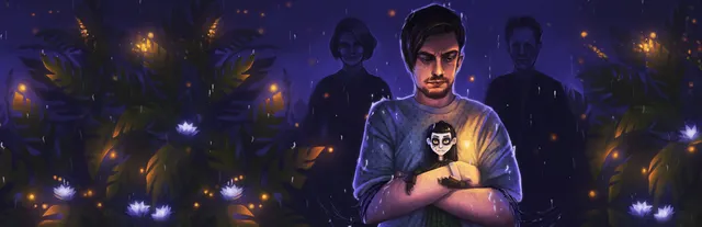 The Sorrowvirus key art: Wyatt in a hospital gown holding a pale doll, his parents standing in the dark behind him