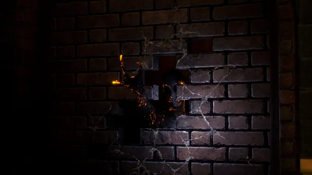 The Sorrowvirus screenshot: a black figure with glowing orange cracks reaching through a hole in a brick wall