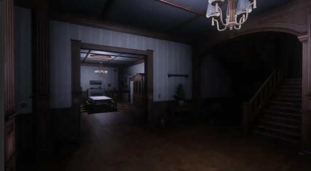 The mansion's entrance hall with a staircase and a chandelier, a dining room beyond