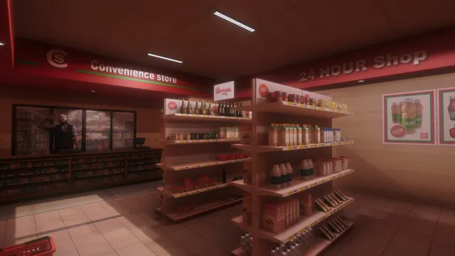 A brightly lit 24-hour convenience store with a man standing behind the counter