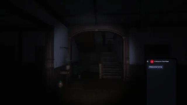A dark mansion hall with a phone on screen showing a text from an unknown number that reads Welcome home