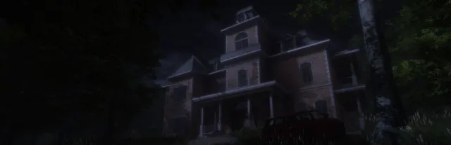 The Stalked key art: a large Victorian mansion among dark trees at night