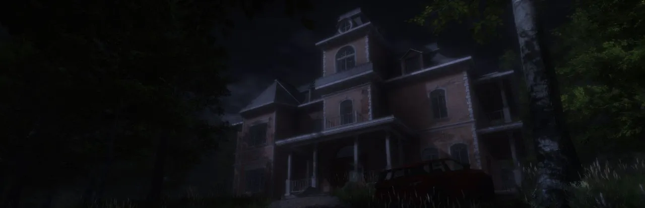The Stalked key art: a large Victorian mansion among dark trees at night