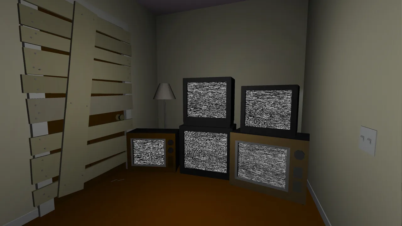 the static speaks my name screenshot: a dim apartment corner with a boarded-up door and a stack of old televisions all showing static