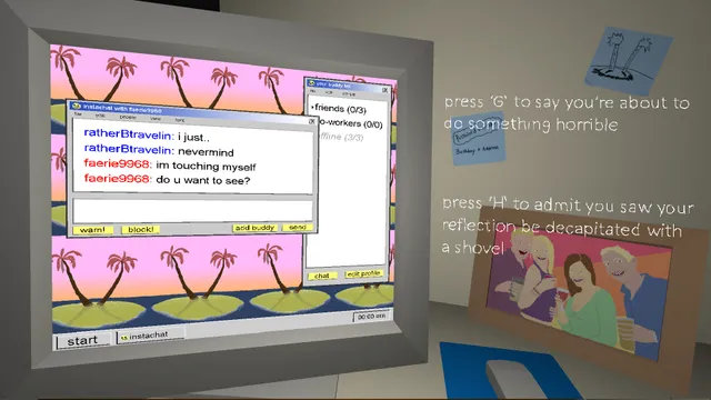 the static speaks my name screenshot: an old computer shows an instant-messenger chat over a palm-tree wallpaper, beside a defaced family photo and on-screen key prompts