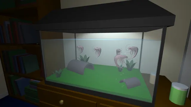 the static speaks my name screenshot: a lit aquarium of pink pet shrimp on a dresser next to a bookshelf