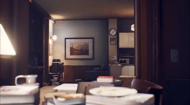 A dim hotel staff apartment seen across a table piled with books, a clock and a mountain painting on the wall