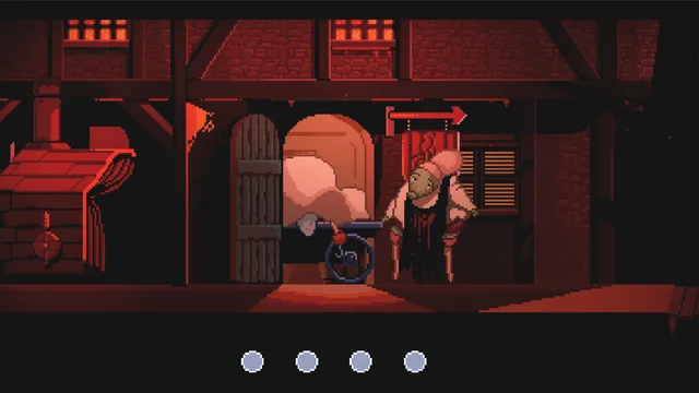 The Supper: Ms. Appleton in a tall chef's hat beside a cart in a red-lit tavern hall