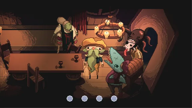 The Supper: strange guests, one with a fish head and one with a tentacled head, gather in the candlelit tavern