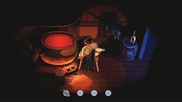 The Supper: Ms. Appleton in a bloodied apron stands by a large pot of red liquid in her dark tavern kitchen, pixel art