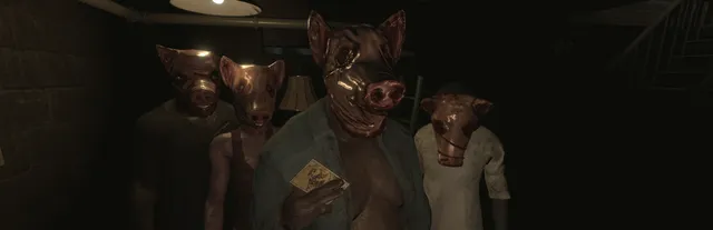 The Swine key art: four people in stitched pig masks crowd a dim hallway, the one in front holding a tarot card