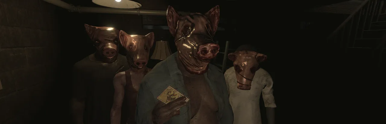 The Swine key art: four people in stitched pig masks crowd a dim hallway, the one in front holding a tarot card