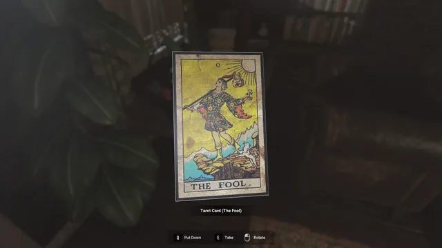 Inspecting a tarot card, The Fool, inside the house