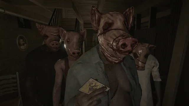 Close view of the pig-masked cult members in a wooden hallway, one holding out a tarot card
