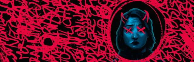 The Tartarus Key key art: Alex's face with red X marks over her eyes on a background of red scribbles