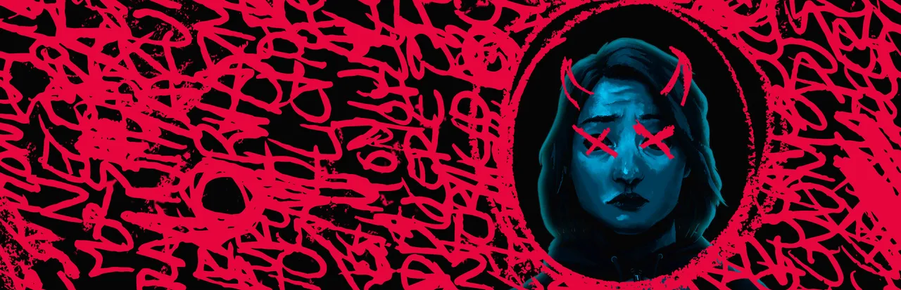 The Tartarus Key key art: Alex's face with red X marks over her eyes on a background of red scribbles