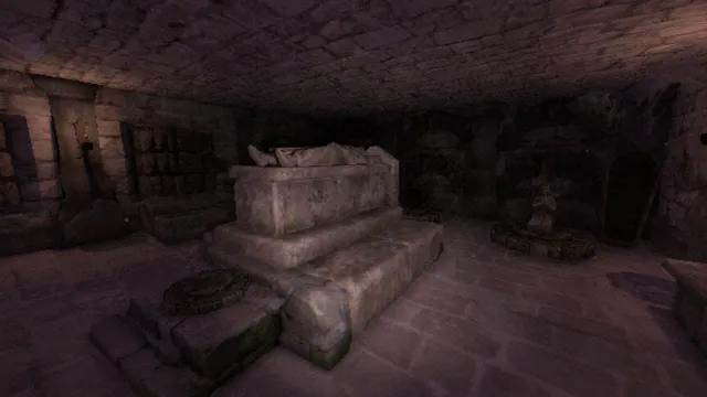 The Tartarus Key screenshot: a stone tomb in a dim vaulted crypt