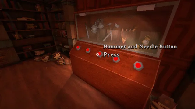 The Tartarus Key screenshot: a glass display case with red buttons in a library, labelled Hammer and Needle Button