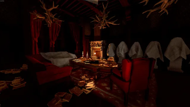 The Tartarus Key screenshot: a dark red parlour with antler chandeliers, scattered books and sheet-covered busts